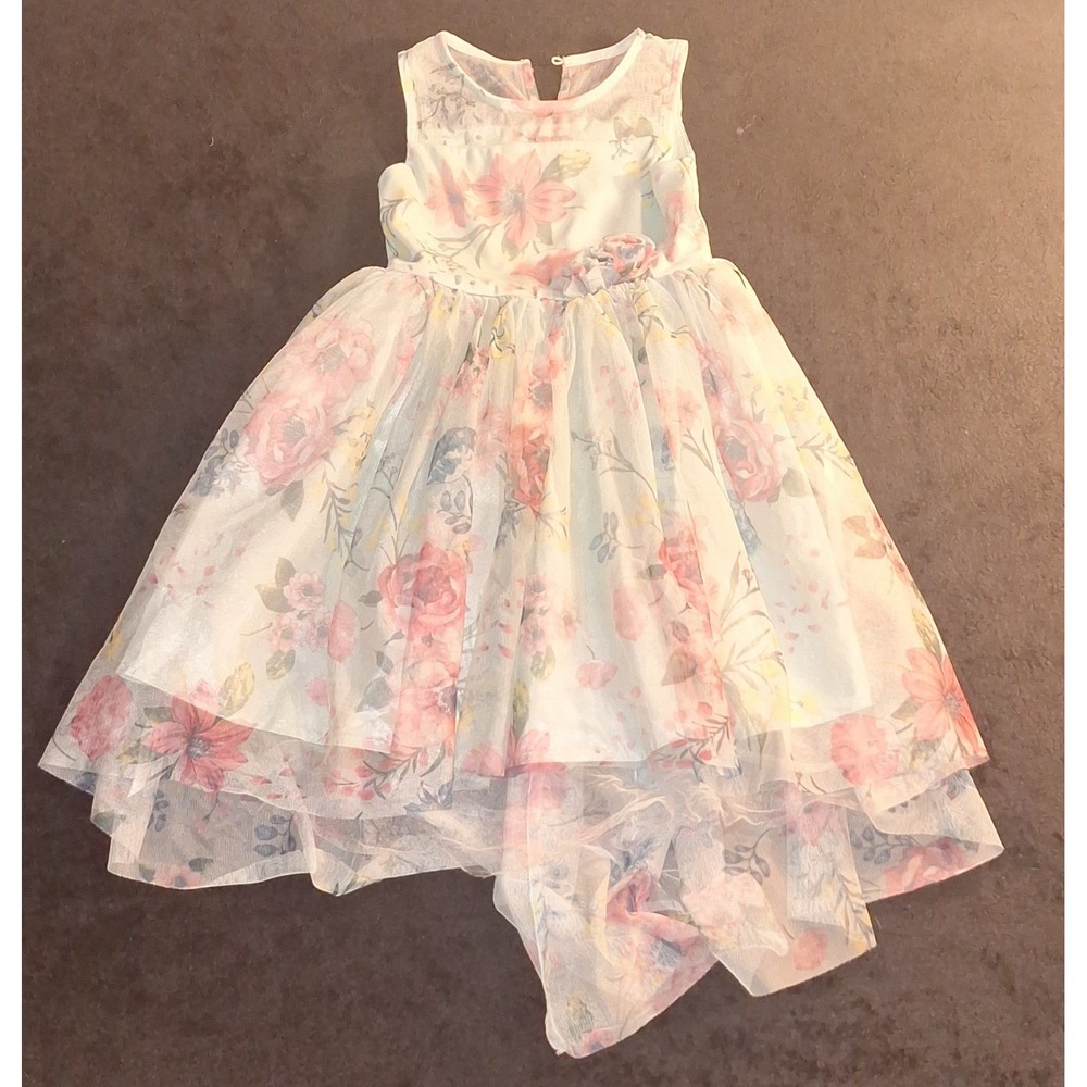 Zunie Girls Floral Fit & Flare Sleeveless Hi-Low Tulle Dress 7-8 Blue Pink